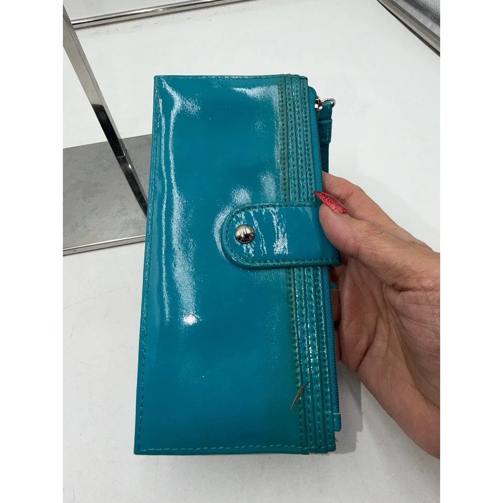 Hobo The Original Teal Patent Leather Wristlet Clutch Wallet Orange Lining